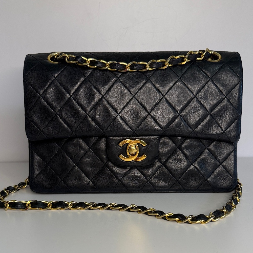 CHANEL black lambskin small classic double flap with gold hardware